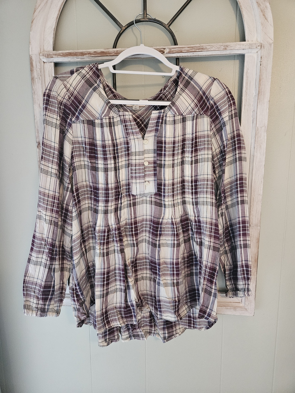 Style & Co. Cream and Purple Plaid Button-Front Top